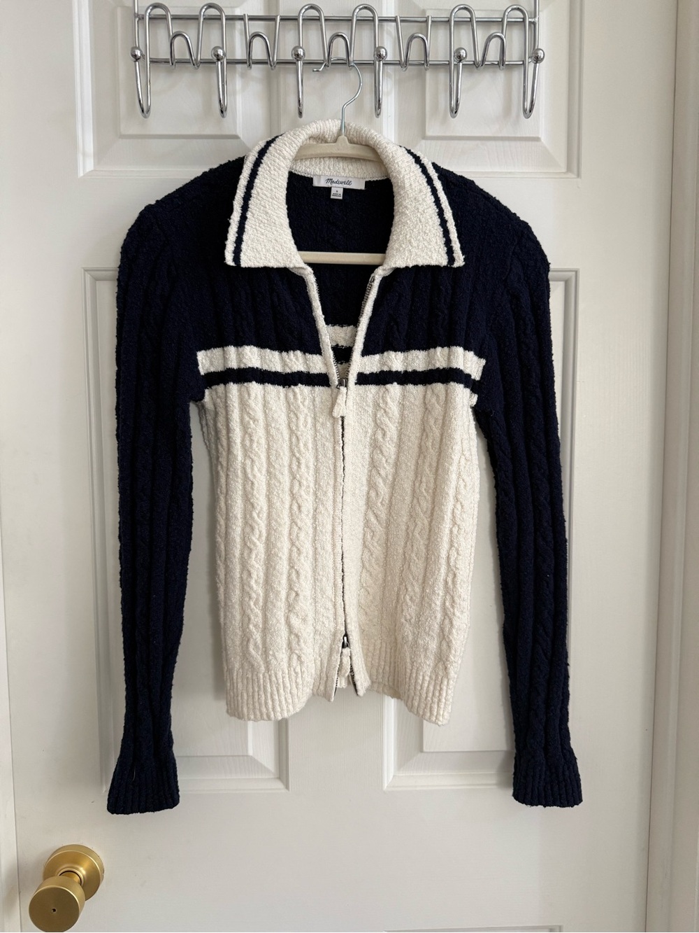 Madewell Cable-Knit Zip Front Sweater - Navy and Cream
